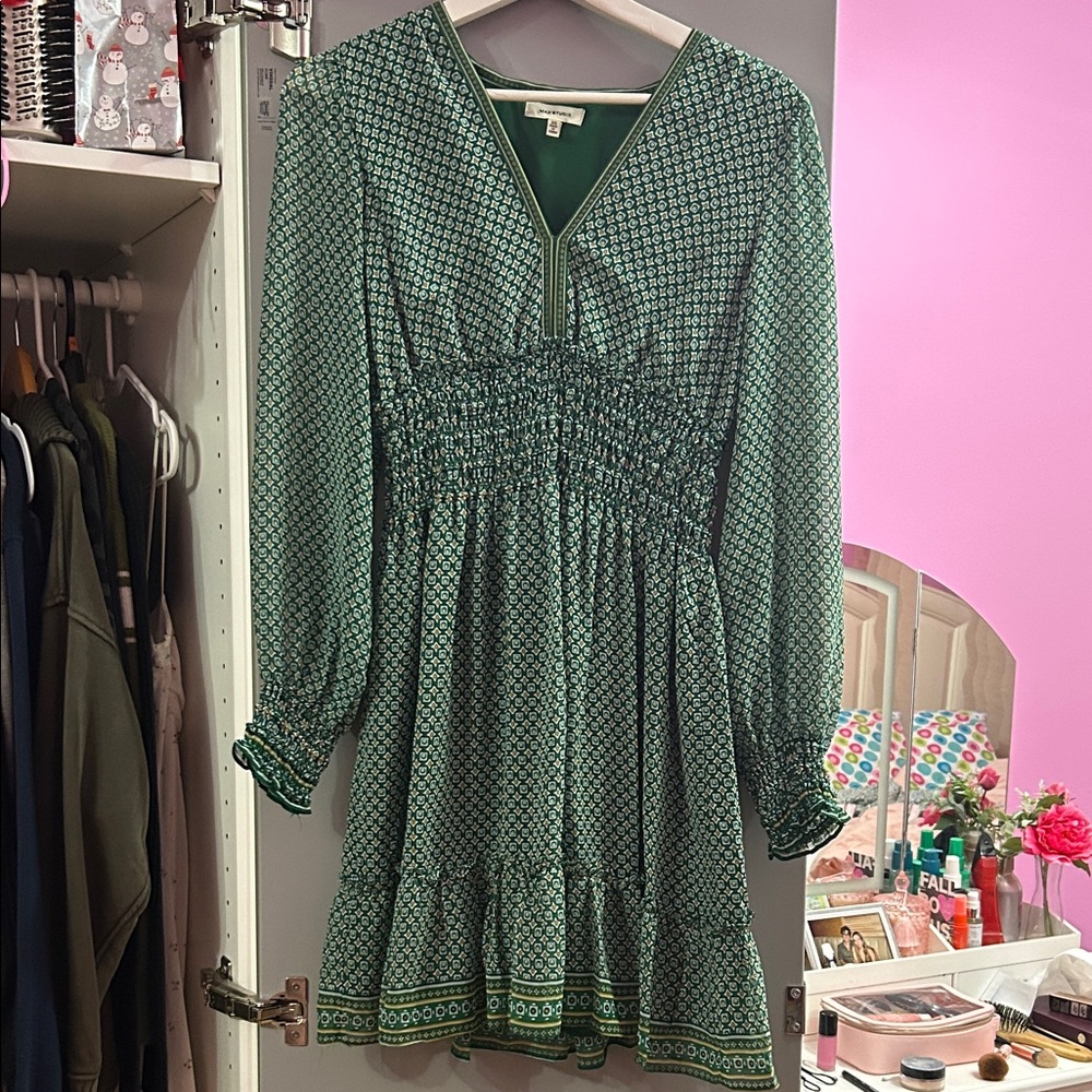 Max Studio Green Geometric Long Sleeve Dress - XS